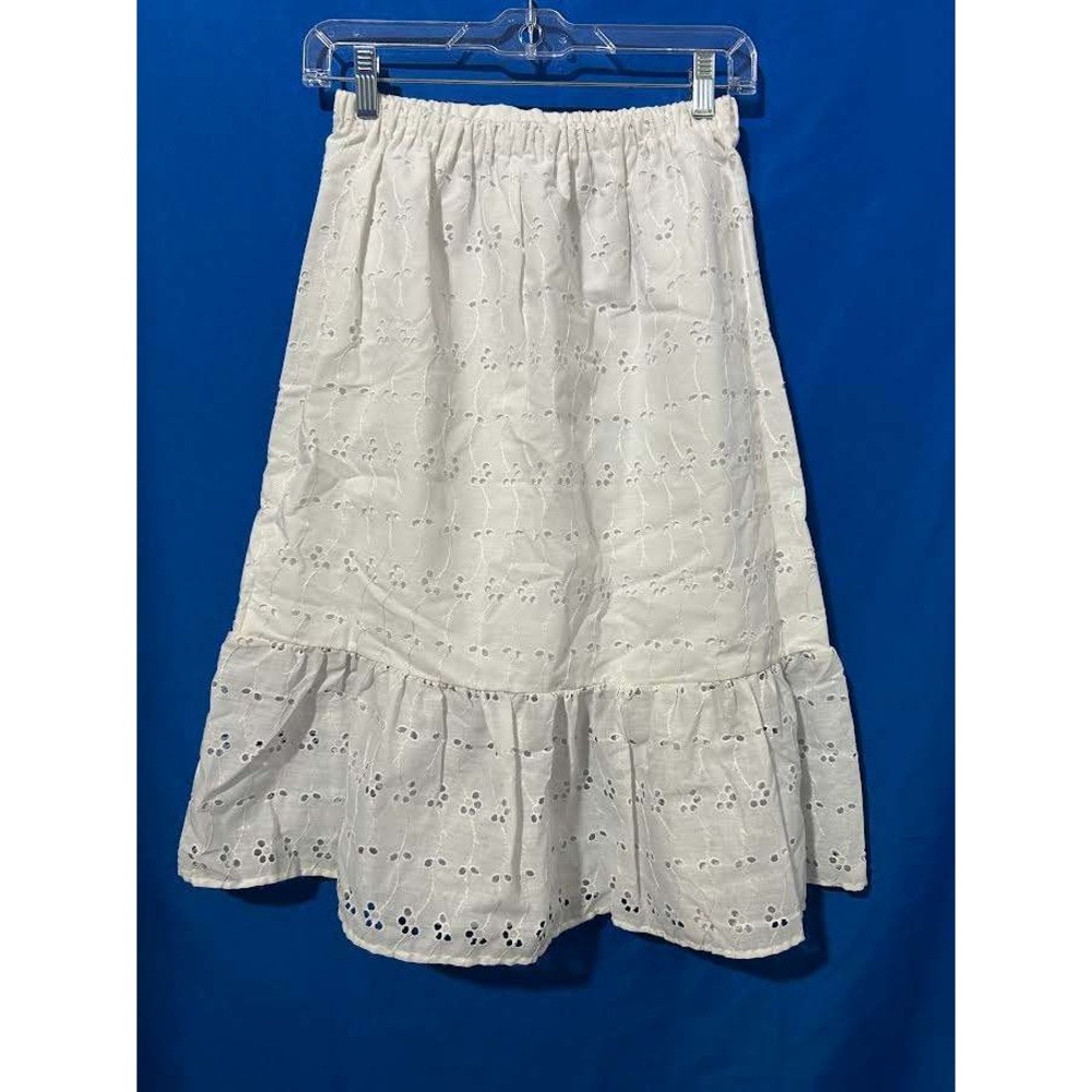 Vintage White Eyelet Midi Skirt Elastic Waist Tiered Ruffle Cottagecore S Prarie